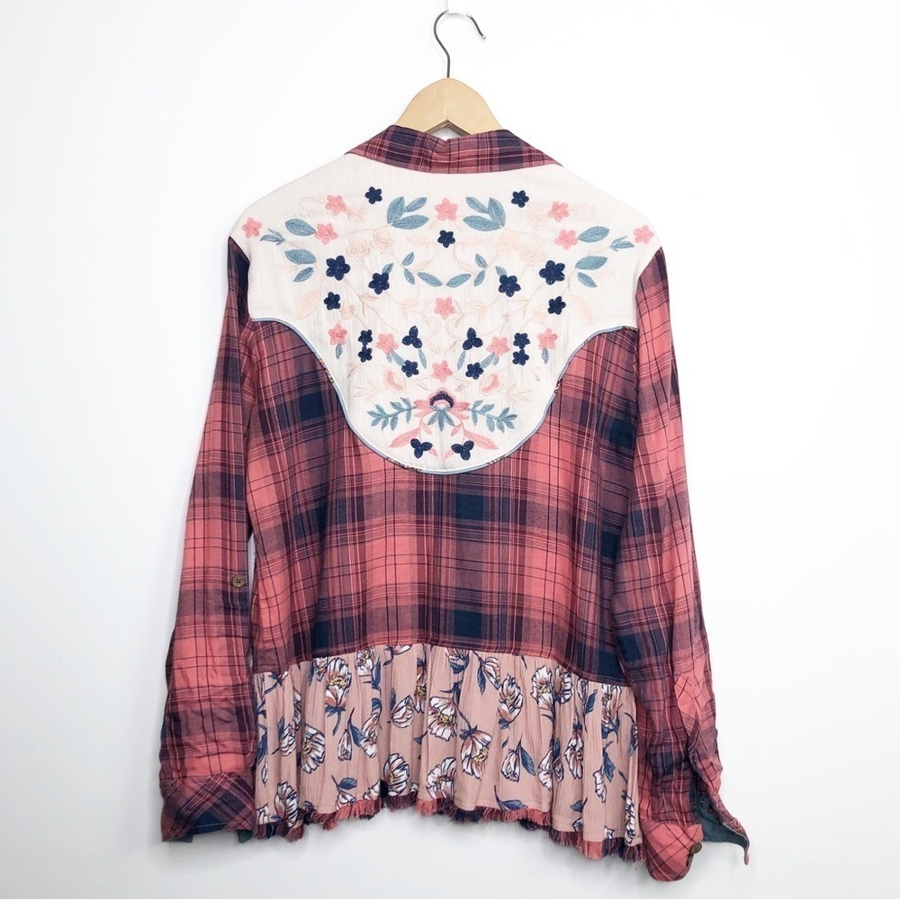 JOHN • Mark mixed media plaid embroidered button-down shirt - Picture 2 of 11